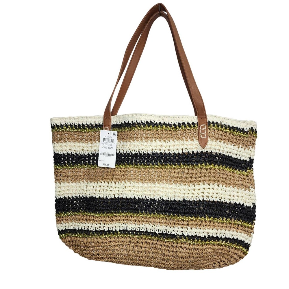 INC International Concepts Large Casual Tote Bag Black/Natural Straw NEW
